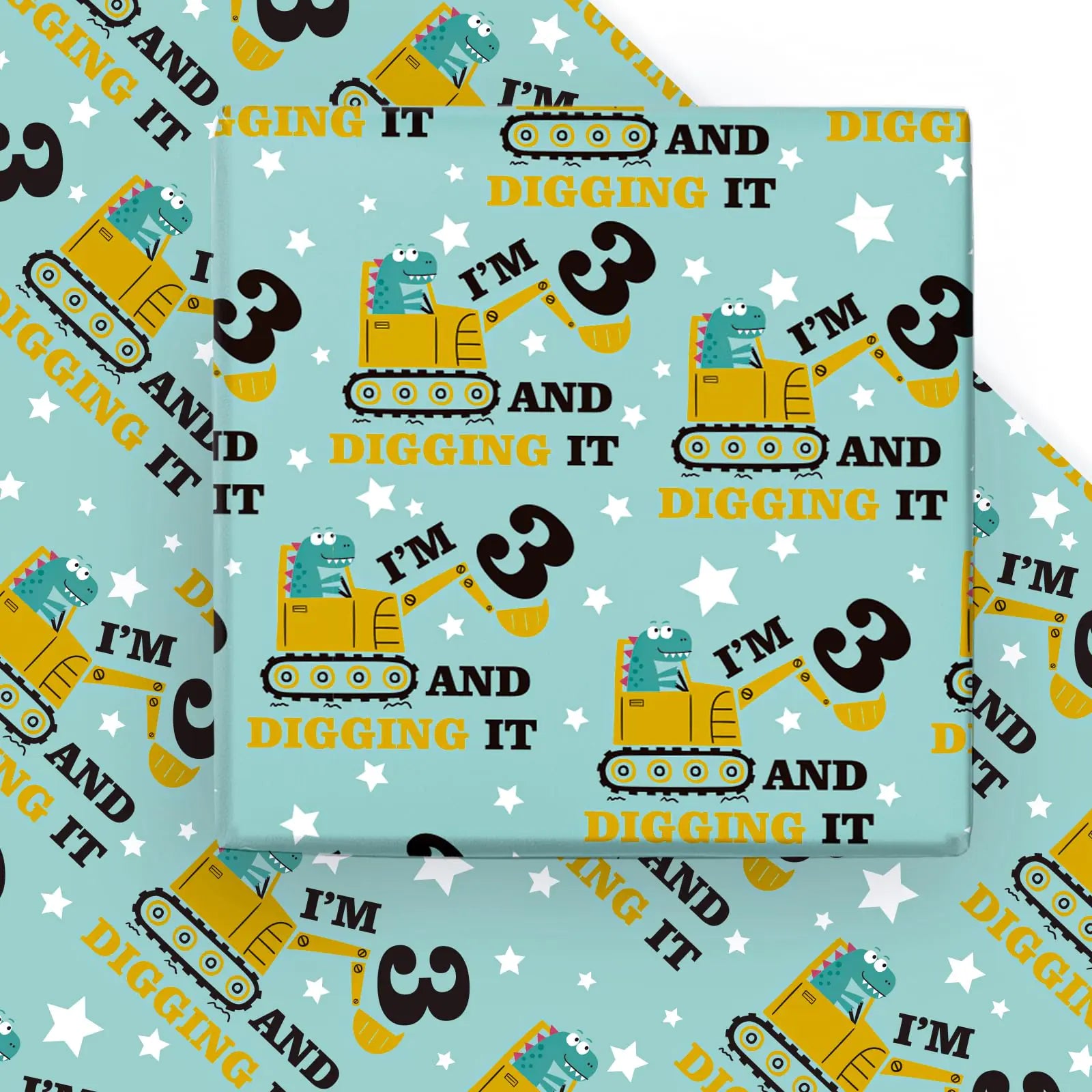 DinoDig 3rd Birthday Gift Wrap - 6 Dinosaur & Digger Sheets